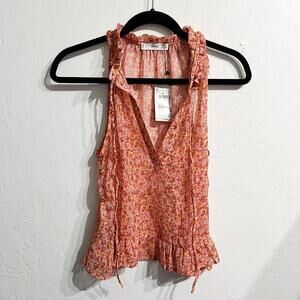 NWT MNG Mango Floral Sleeveless Ruffle Tie Blouse Chiffon Pink Peach XS